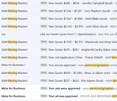 Email inbox showing A&M Moving Masters new quote request notifications with price ranges