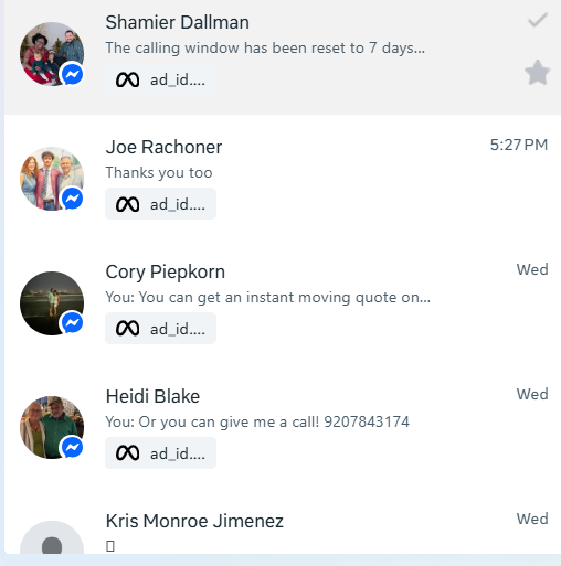 Facebook Messenger inbox showing incoming leads from moving customers